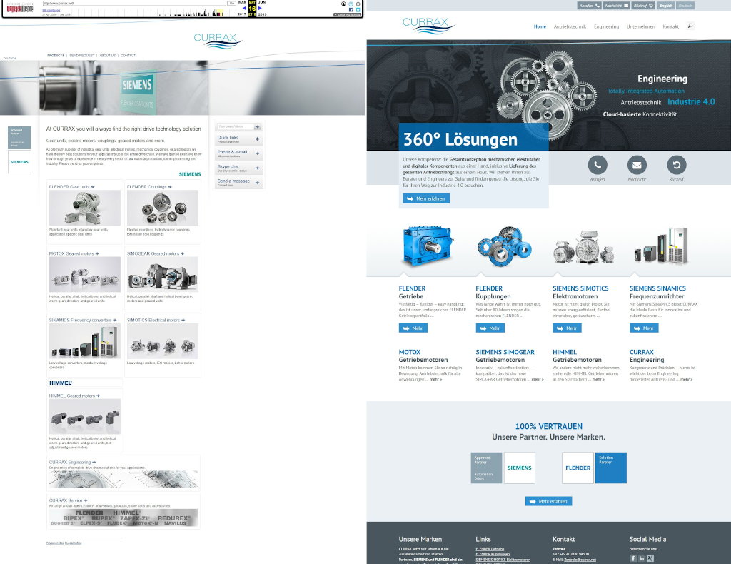 Vergleich der alten (links, Quelle: archive.org) und neuen Startseite (rechts, Quelle: currax.net).