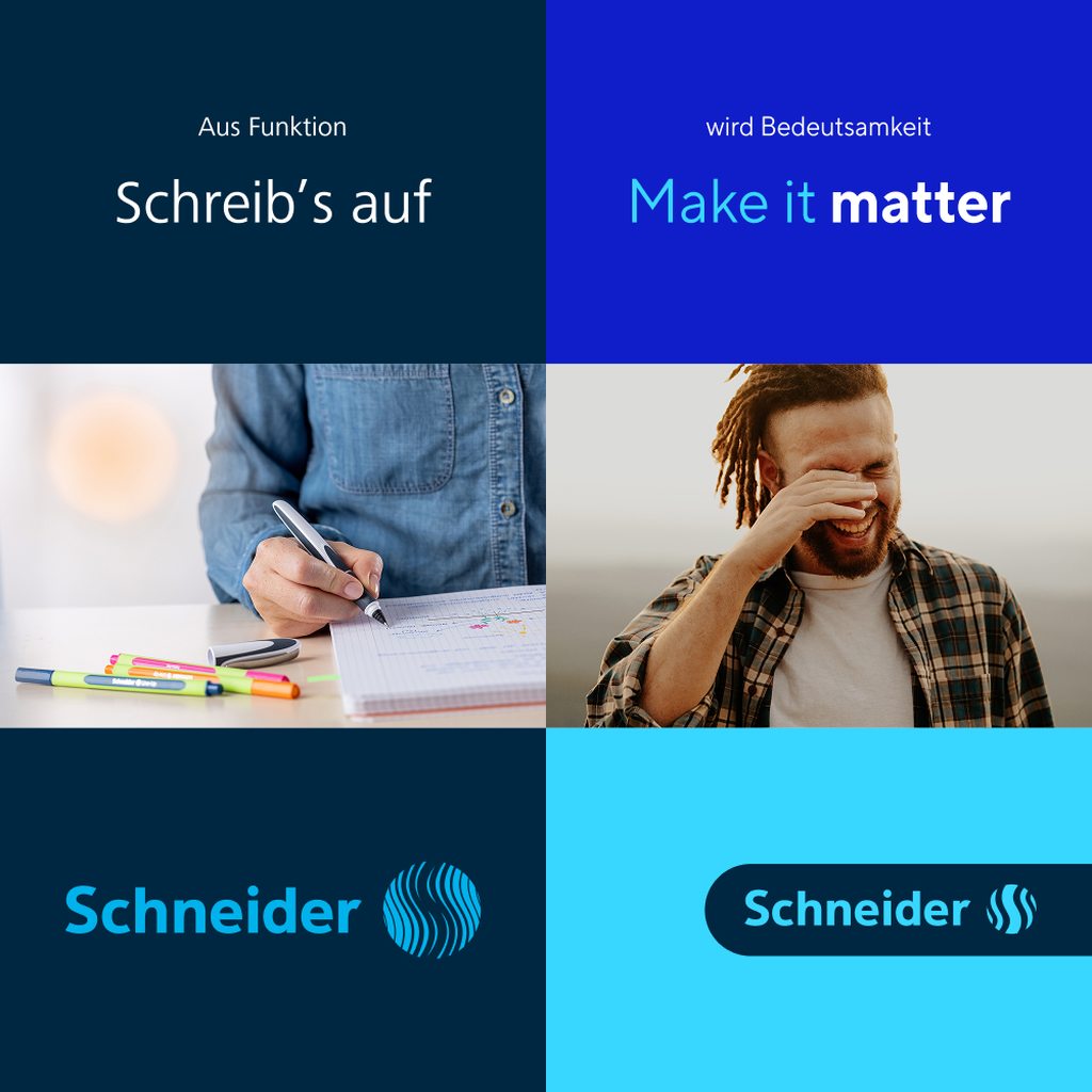 Alt vs. neu: Logo, Bildsprache und Claim (Bild: Schneider Schreibgeräte).