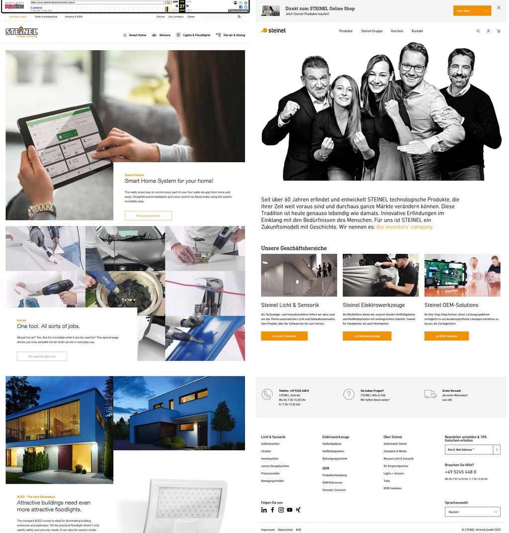 Vergleich der alten (li., Screenshot: web.archive.org) und der neuen Website (Screenshot: steinel.de)