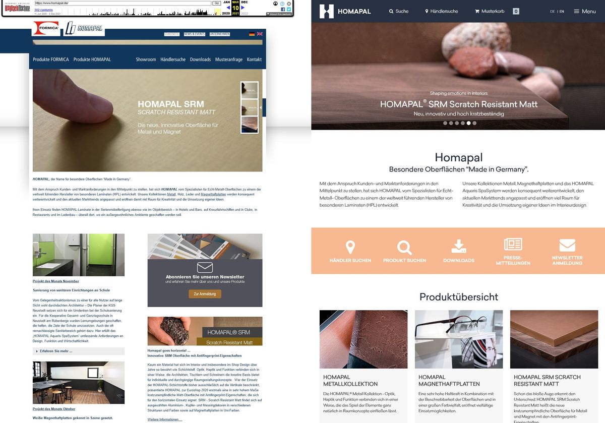 Links die alte (Screenshot: web.archive.org), rechts die neue Website (Screenshot: homapal.de).