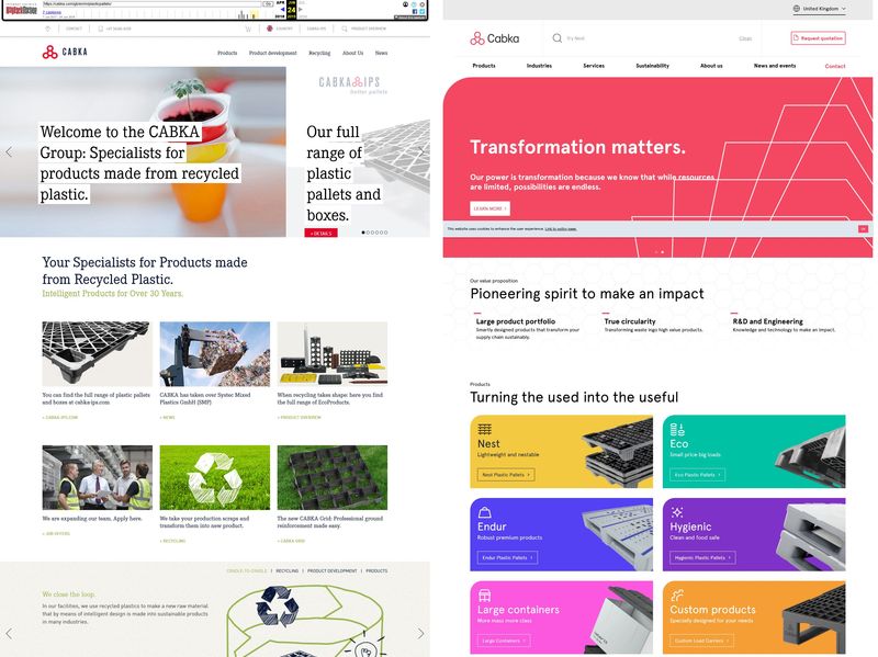 Vergleich bisherige (li., Screenshot web.archive.org) und neue Website (Screenshot: cabka.com).