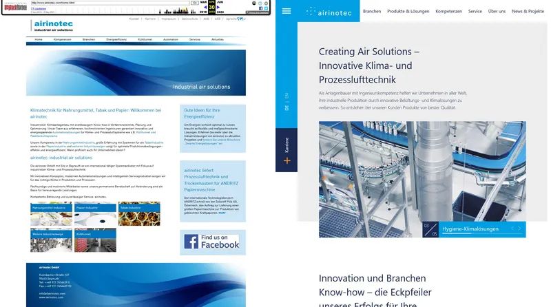 Vergleich bisherige (li., Screenshot: web.archive.org) und neue Website (Screenshot: www.airinotec.com).