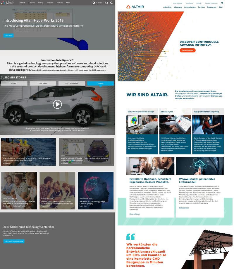 Vergleich der alten (li., Screenshot: web.archive.org) und der neuen Website (Screenshot altair.com).