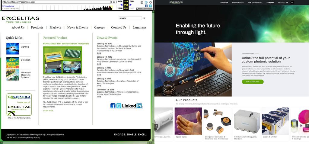 Links die bisherige Firmen-Homapage (Quelle: web.archive.org), rechts die neue (Quelle: Excelitas), die alle Marken des Unternehmens integriert (z.B. Qioptiq, Linos, OmniCure, Axsun, X-Cite und REO).